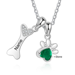 Custom Pet Paw and Bone Necklace ,name engraved personalized with 1 birthstone