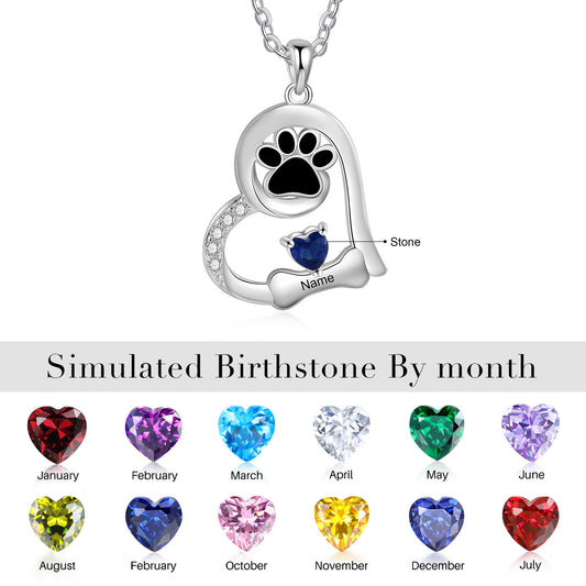 Custom Heart Necklace with Pet Paw ,personalized engraving and customized birthstone