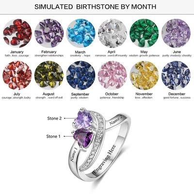 Personalized initial ring with 2 heart shaped birthstones for her mothers ring