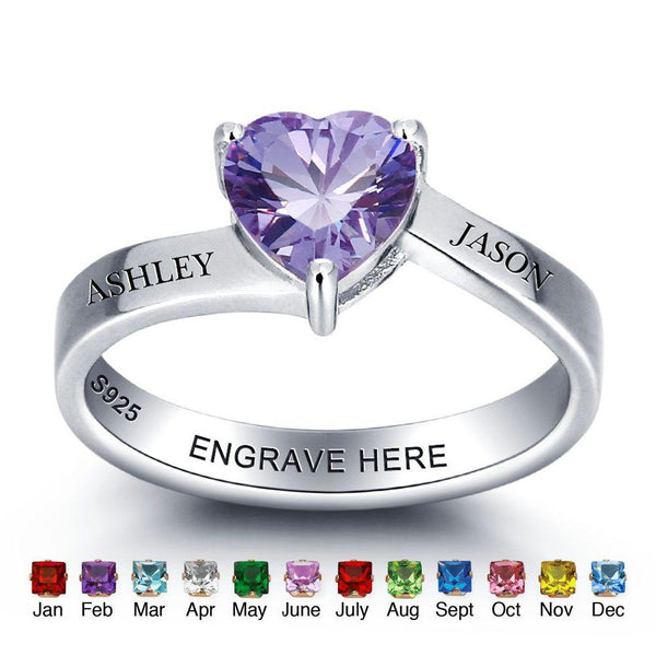heart shaped birthstone ring in sterling silver